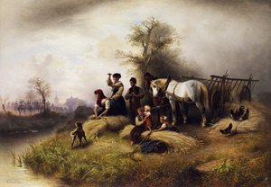 Boerenfamilie bij de korenoogst kijkt naar een cavalerietrein door Wilhelm Meyerheim